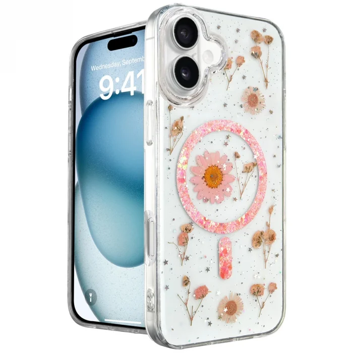 BUĞZ İphone 16 Kılıf Daisy Simli Magsafe Kapak - Pembe