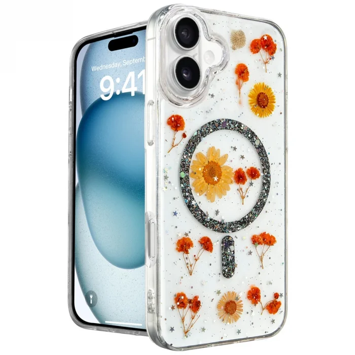 BUĞZ İphone 16 Kılıf Daisy Simli Magsafe Kapak - Siyah