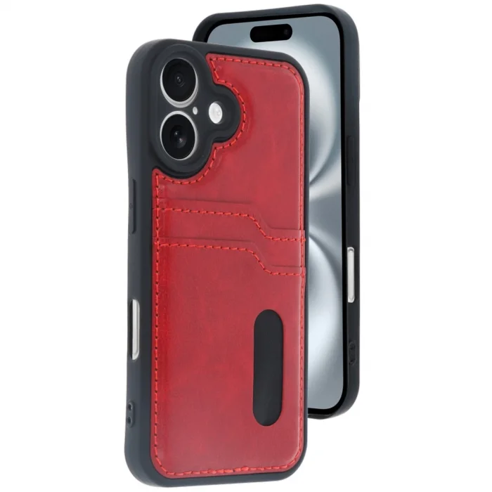 BUĞZ İphone 16 Kılıf Sara Kartvizitli Deri Kılıf - Kırmızı