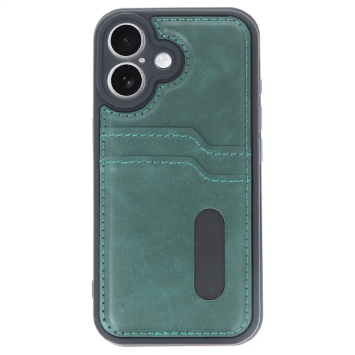 BUĞZ İphone 16 Kılıf Sara Kartvizitli Deri Kılıf - Koyu Yeşil