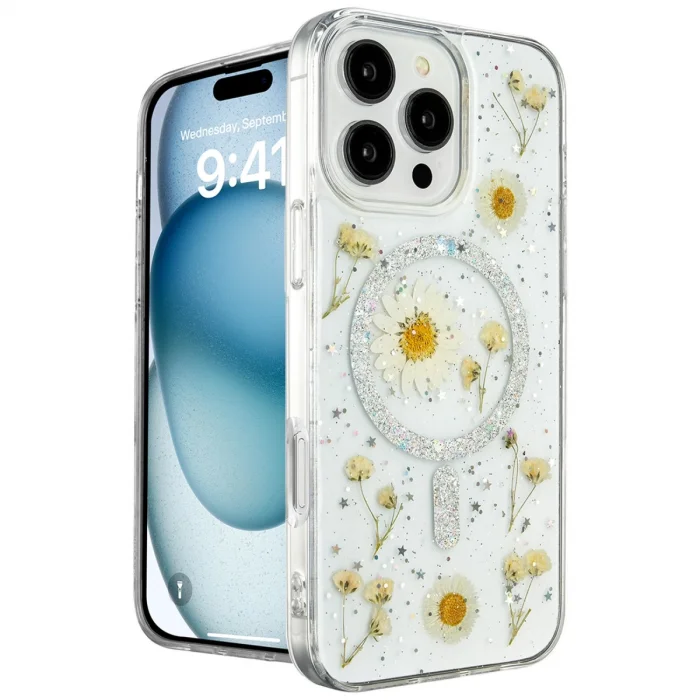 BUĞZ İphone 16 Pro Kılıf Daisy Simli Magsafe Kapak - Gümüş