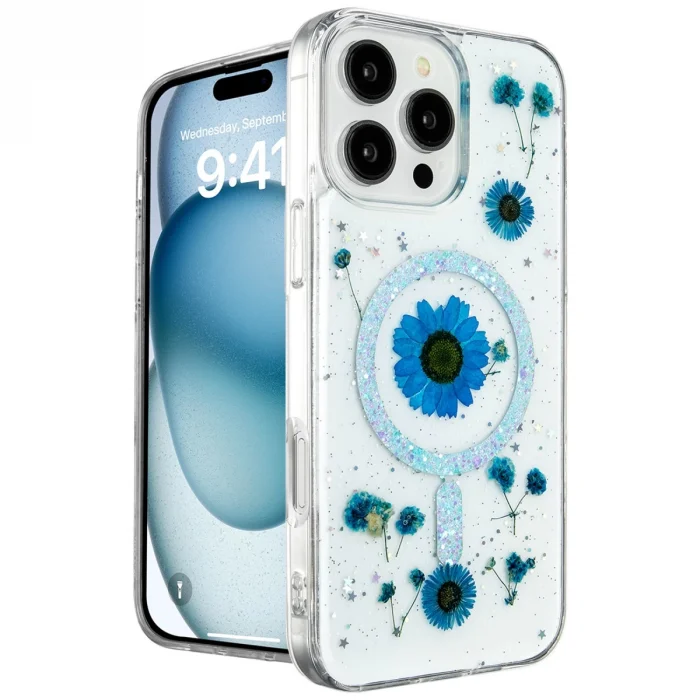 BUĞZ İphone 16 Pro Kılıf Daisy Simli Magsafe Kapak - Mavi