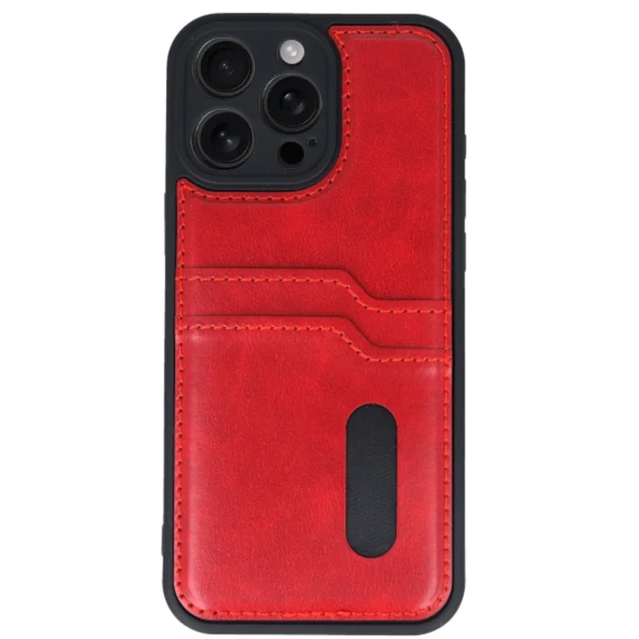 BUĞZ İphone 16 Pro Kılıf Sara Kartvizitli Deri Kılıf - Kırmızı