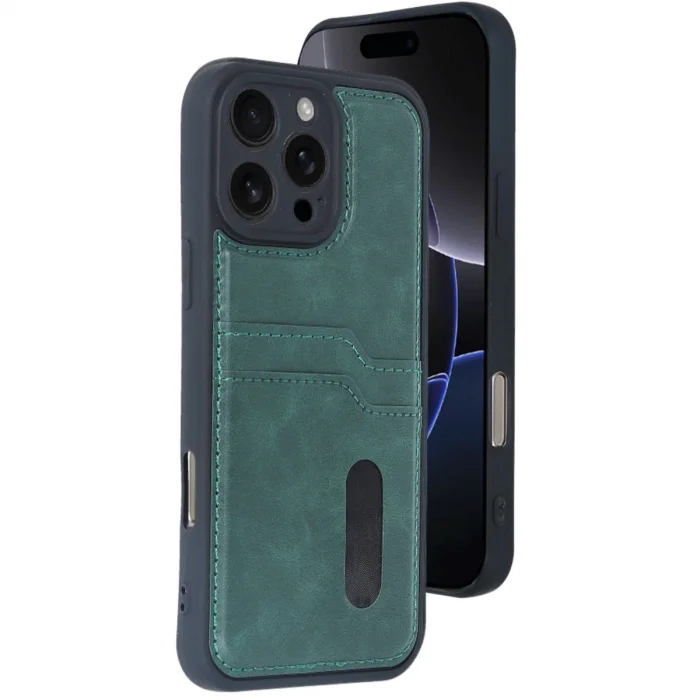BUĞZ İphone 16 Pro Kılıf Sara Kartvizitli Deri Kılıf - Koyu Yeşil