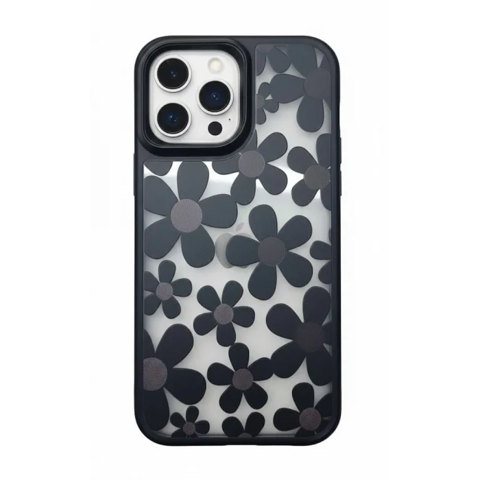 BUĞZ iPhone 16 Pro Max Çiçekli Kılıf Bağlama Aparatlı Siyah