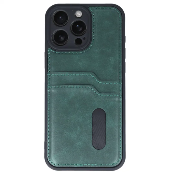 BUĞZ İphone 16 Pro Max Kılıf Sara Kartvizitli Deri Kılıf - Koyu Yeşil