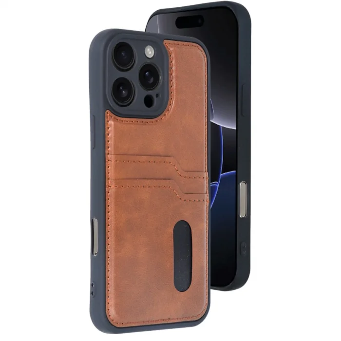 BUĞZ İphone 16 Pro Max Kılıf Sara Kartvizitli Deri Kılıf - Taba