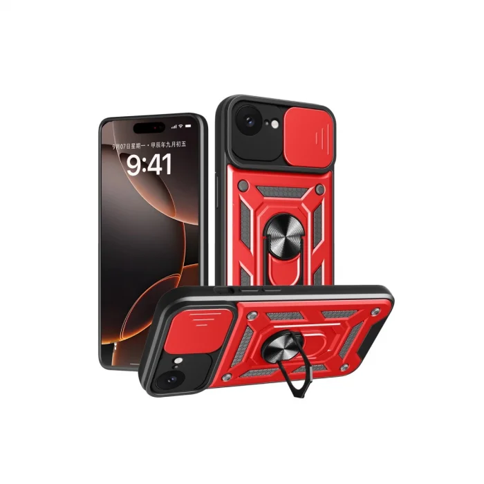 BUĞZ İphone 16e Kılıf Pars Lens Yüzüklü Silikon - Kırmızı