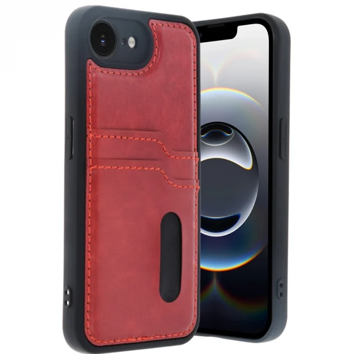 BUĞZ İphone 16e Kılıf Sara Kartvizitli Deri Kılıf - Kırmızı