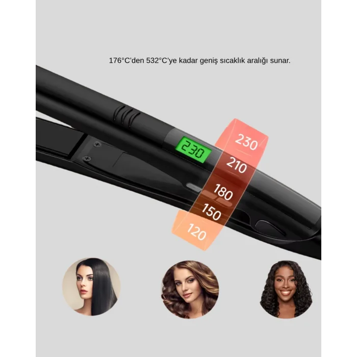 BUĞZ Isı Ayarlı Saç Düzleştirici Titanyum Seramik Plaka, Dijital Ekran - Lisinya