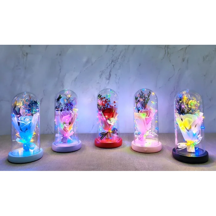 BUĞZ Işıklı Müzikli Cam Fanus İçinde Lavantalı Romantik Gül