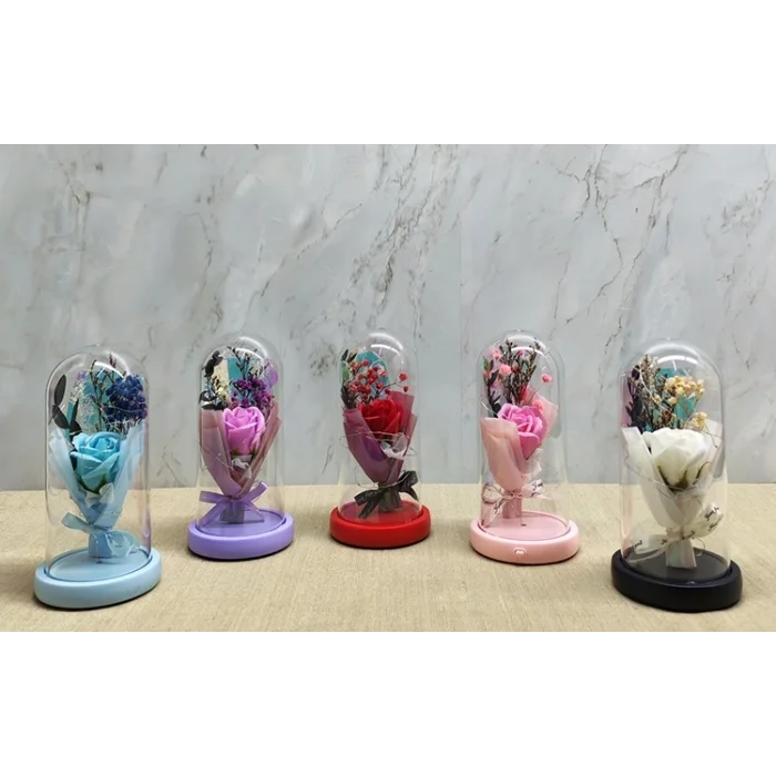 BUĞZ Işıklı Müzikli Cam Fanus İçinde Lavantalı Romantik Gül