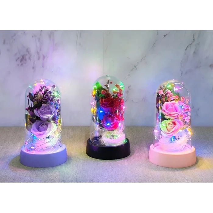 BUĞZ Işıklı Müzikli Romantik Fanus Tekli Gül