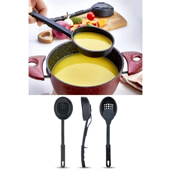 BUĞZ Isıya Dayanıklı 3 in 1 Servis Kepçesi - Kepçe Kevgir Kaşık 3'ü Bir Arada Servis Seti