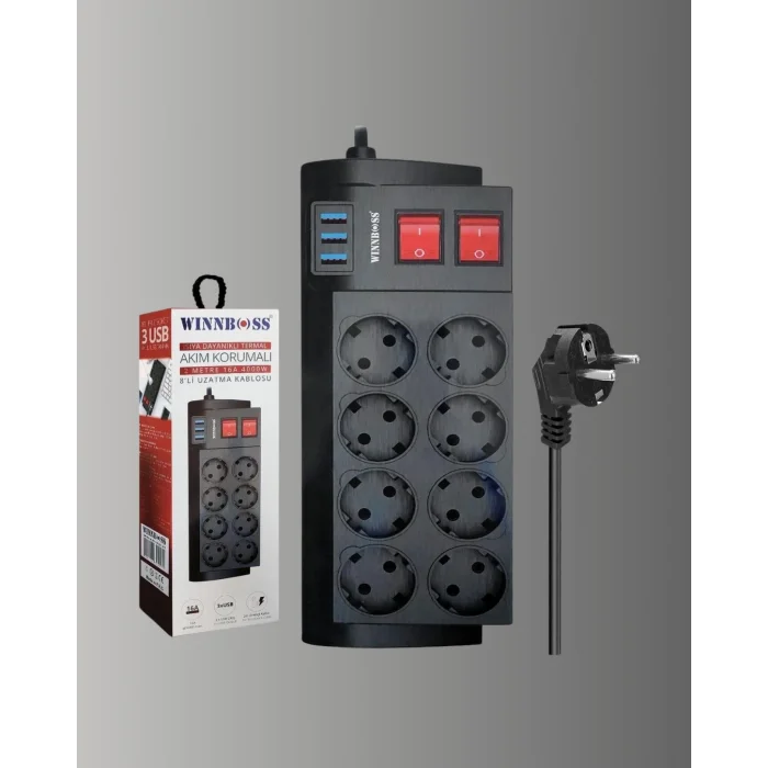 BUĞZ Isıya Dayanıklı Termal Akım Korumalı 8li Priz ve 3 USB Girişli Uzatma Kablosu