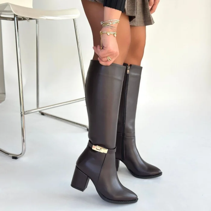 BUĞZ Jeoli Kahverengi Cilt Topuklu Çizme - Lisinya