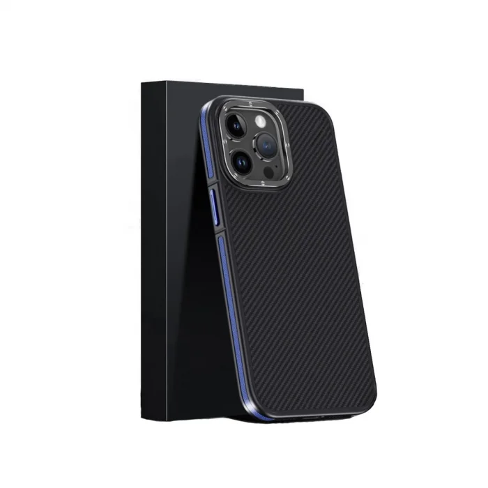 BUĞZ Joko İphone 15 Pro Max Kılıf Aramid 600d Kevlar Karbon Fiber Magsafe Kapak - Lacivert