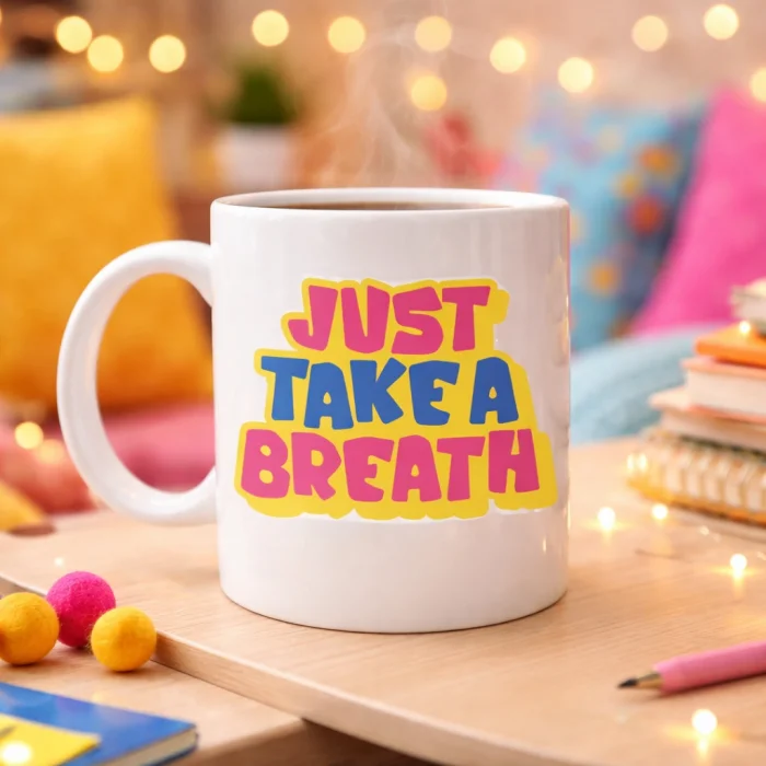 BUĞZ Just Take a Breath Yazılı Porselen Kupa MODEL 140 – Motivasyon & Sakinleştirici Tasarım – Renkli Modern Kahve Kupası – Hediye Seçeneği