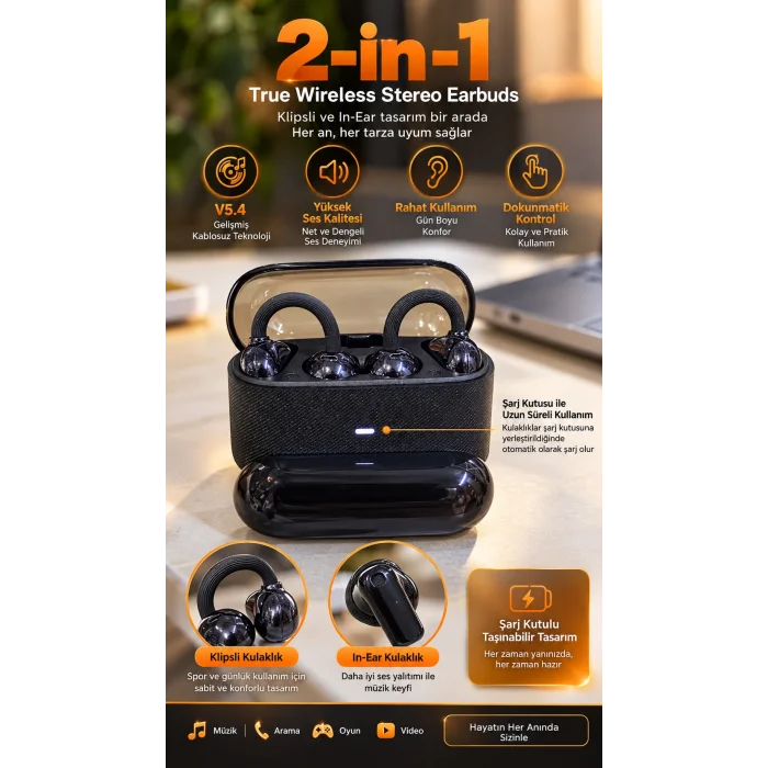 BUĞZ Kablosuz Bluetooth Kulaklık 2’si 1 Arada Klipsli Kulak İçi 4’lü Siyah - BUĞZ