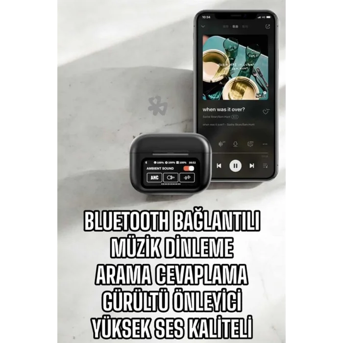 BUĞZ Kablosuz Bluetooth Kulaklık Ekranlı Uzun Şarj Süreli ANC Destekli - BUĞZ