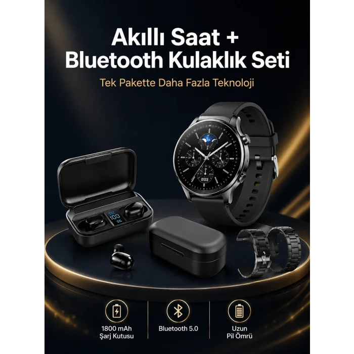 BUĞZ Kablosuz Bluetooth Kulaklık ve Kordon Hediyeli Akıllı Saat Nabız Ölçer Uzun Pil Ömrü