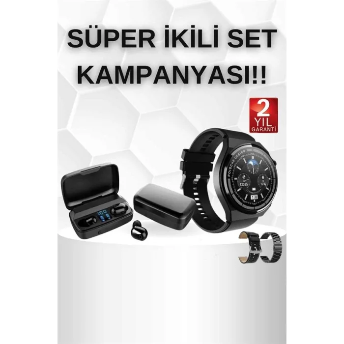 BUĞZ Kablosuz Bluetooth Kulaklık ve Kordon Hediyeli Akıllı Saat Nabız Ölçer Uzun Pil Ömrü - BUĞZ