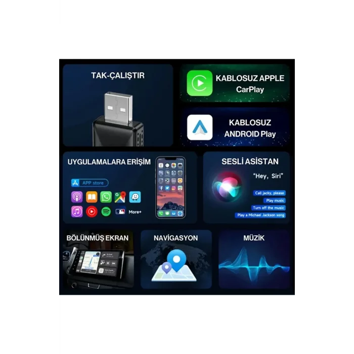 BUĞZ Kablosuz CarPlay & Android Auto Adaptörü - Apple ve Android Cihazlar İçin Evrensel Wireless Carplay Çevirici
