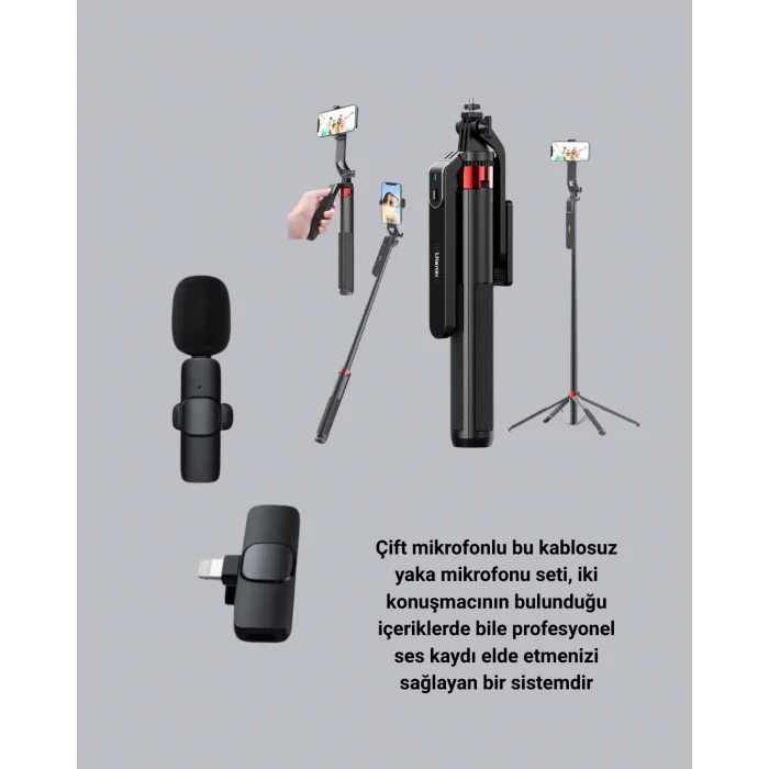 BUĞZ Kablosuz Çift Yaka Mikrofonu ve Tripodlu Selfie Çubuğu İçerik Üretici Seti