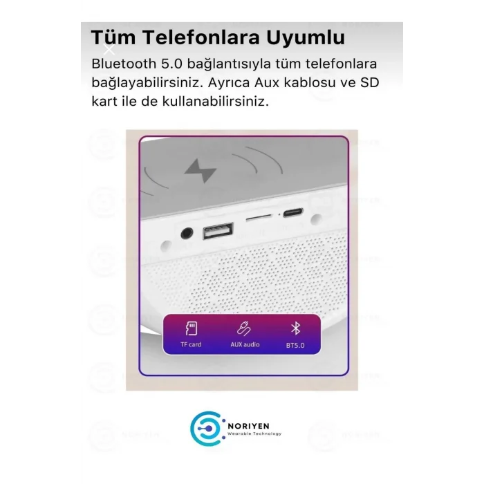 BUĞZ Kablosuz Masaüstü Hoparlör, Çalar Saat ve Radyo Alarm Özellikli Şarj Standı, Beyaz Renk