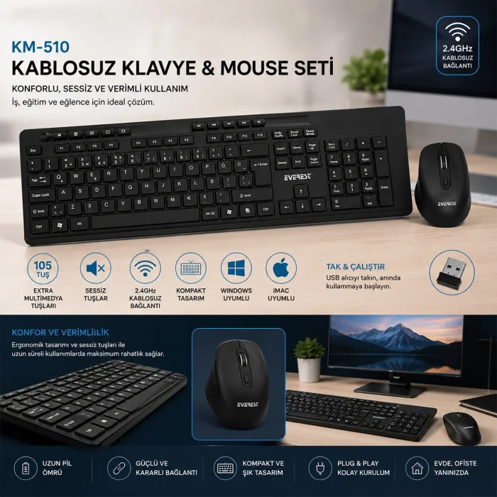 BUĞZ Kablosuz Multimedia Klavye - Mouse Seti Siyah Q Klavye Km-510 Bx40