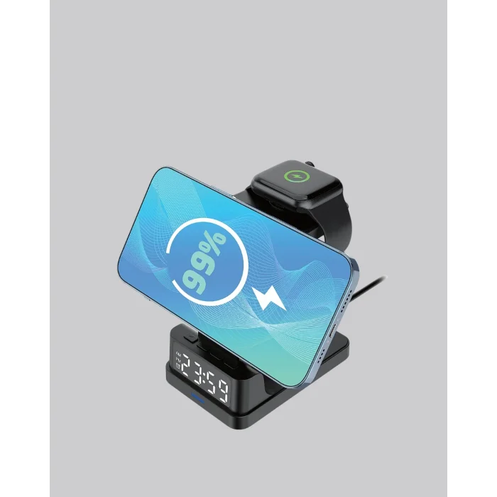 BUĞZ Kablosuz Şarj Cihazı ve Dijital Saat – 4’ü 1 Arada Hızlı Şarj, Apple Uyumlu, LED Işıklı Tasarım - BUĞZ