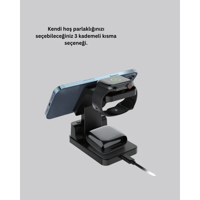 BUĞZ Kablosuz Şarjlı Dijital Masa Saati – 3 Parlaklık Seviyeli LED, Hızlı Şarj, Apple Uyumlu