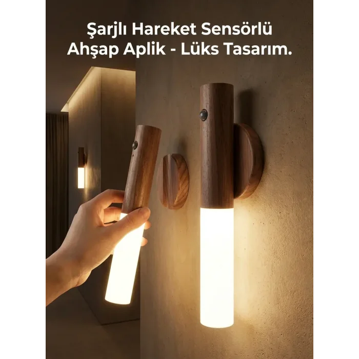 BUĞZ Kablosuz Şarjlı LED Ahşap Renk Lüks Aplik Hareket Sensörlü Günışığı Duvar Lambası