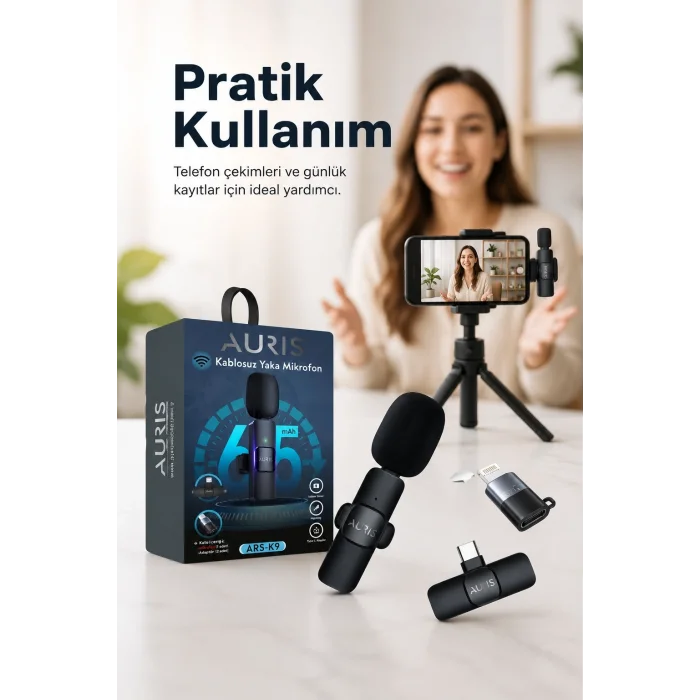 BUĞZ Kablosuz Yaka Mikrofonu Telefon İçin USB-C Lightning Adaptörlü Kompakt Kayıt Cihazı