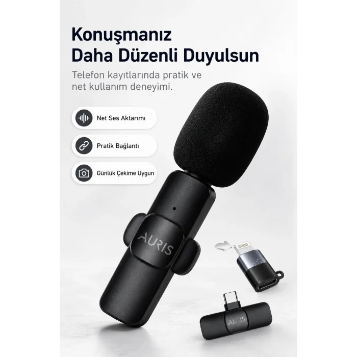 BUĞZ Kablosuz Yaka Mikrofonu Telefon İçin USB-C Lightning Adaptörlü Kompakt Kayıt Cihazı