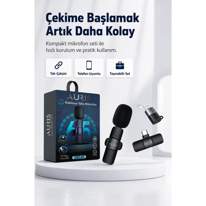 BUĞZ Kablosuz Yaka Mikrofonu Telefon İçin USB-C Lightning Adaptörlü Kompakt Kayıt Cihazı