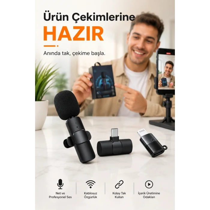 BUĞZ Kablosuz Yaka Mikrofonu USB-C Lightning Uyumlu Tak Çalıştır Telefon Video Ses Kayıt Seti