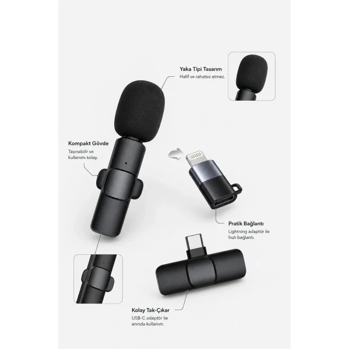 BUĞZ Kablosuz Yaka Mikrofonu USB-C ve Lightning Adaptörlü Telefon Uyumlu Kompakt Ses Kiti