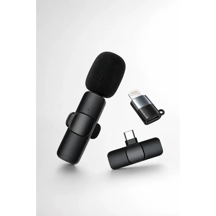 BUĞZ Kablosuz Yaka Mikrofonu USB-C ve Lightning Adaptörlü Telefon Uyumlu Kompakt Ses Kiti