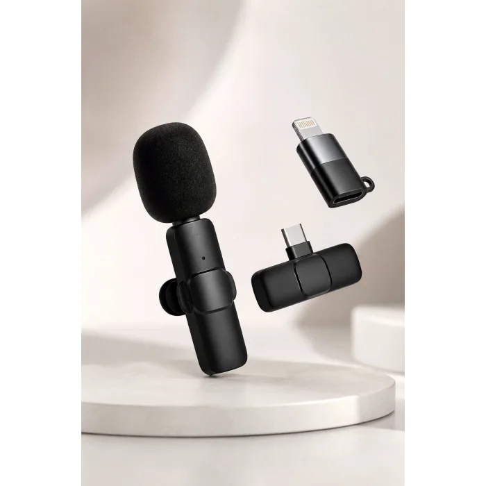BUĞZ Kablosuz Yaka Mikrofonu USB-C ve Lightning Adaptörlü Telefon Uyumlu Kompakt Ses Kiti