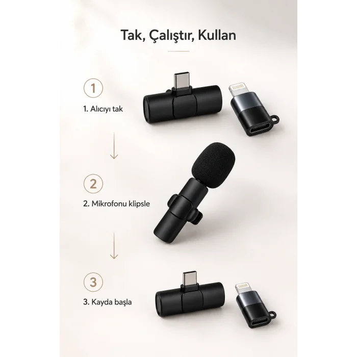 BUĞZ Kablosuz Yaka Mikrofonu USB-C ve Lightning Uyumlu Tak Çalıştır Telefon Kayıt Mikrofonu