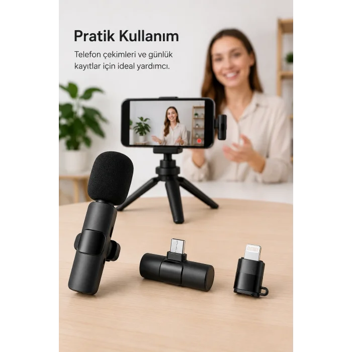 BUĞZ Kablosuz Yaka Mikrofonu USB-C ve Lightning Uyumlu Tak Çalıştır Telefon Kayıt Mikrofonu