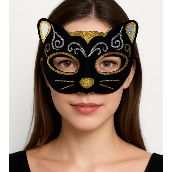 BUĞZ Kadife Dokulu Simli Kedi Maskesi Altın Gümüş Detaylı