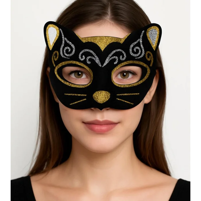 BUĞZ Kadife Dokulu Simli Kedi Maskesi Altın Gümüş Detaylı