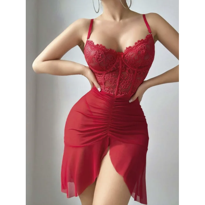 BUĞZ Kadın Ateş Kırmızısı Önden Yırtmaçlı Tül Fantezi Gecelik 2241