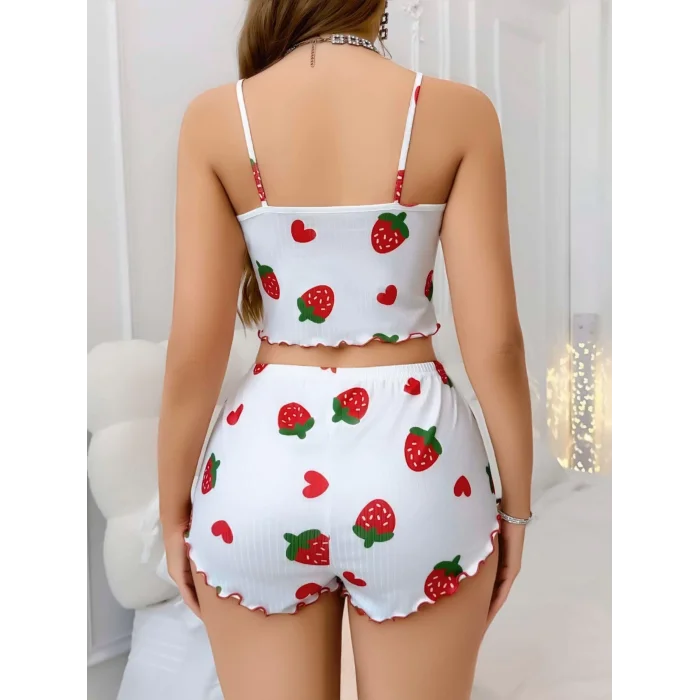 BUĞZ Kadın Beyaz Çilek desenli Şortlu Pijama Takımı 5053