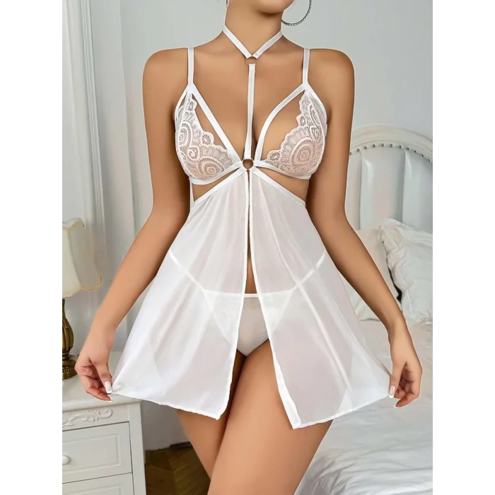 BUĞZ Kadın Beyaz Fantezi Gecelik Kısa Tül Boyundan bağlamalı Göğüs Dekolteli 2163