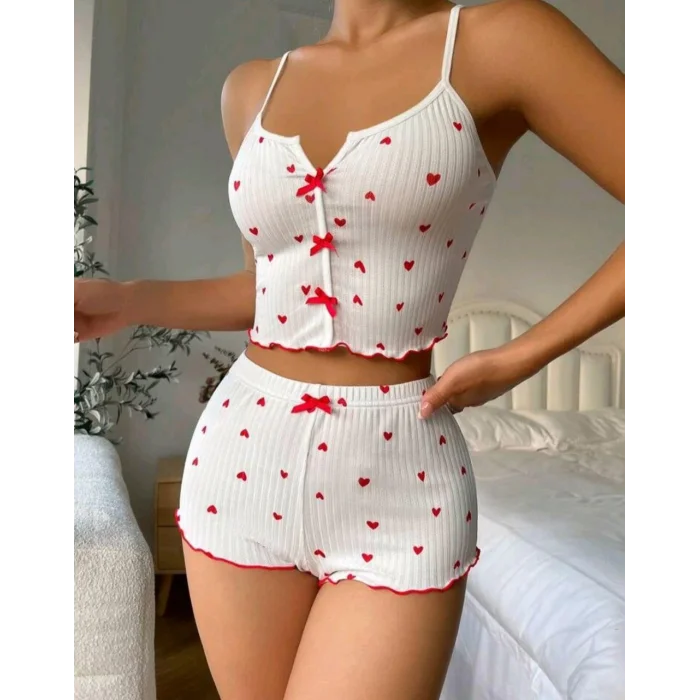 BUĞZ Kadın Beyaz Fiyonk Desenli Seksi Gecelik Takım 5007