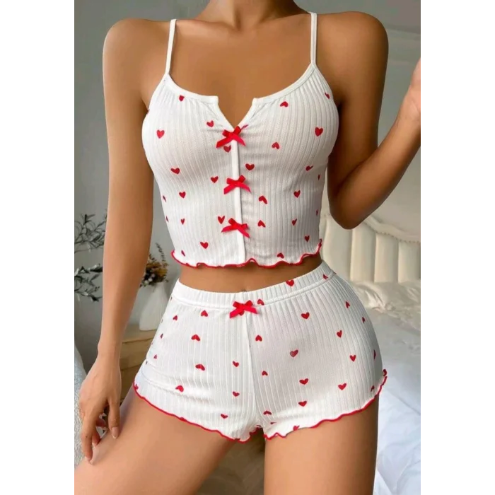 BUĞZ Kadın Beyaz Fiyonk Desenli Seksi Gecelik Takım 5007