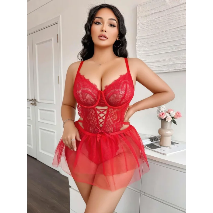 BUĞZ Kadın Çapraz İpli Dantelli Büyük Beden Tüllü Transparan Fantezi Gecelik 8008